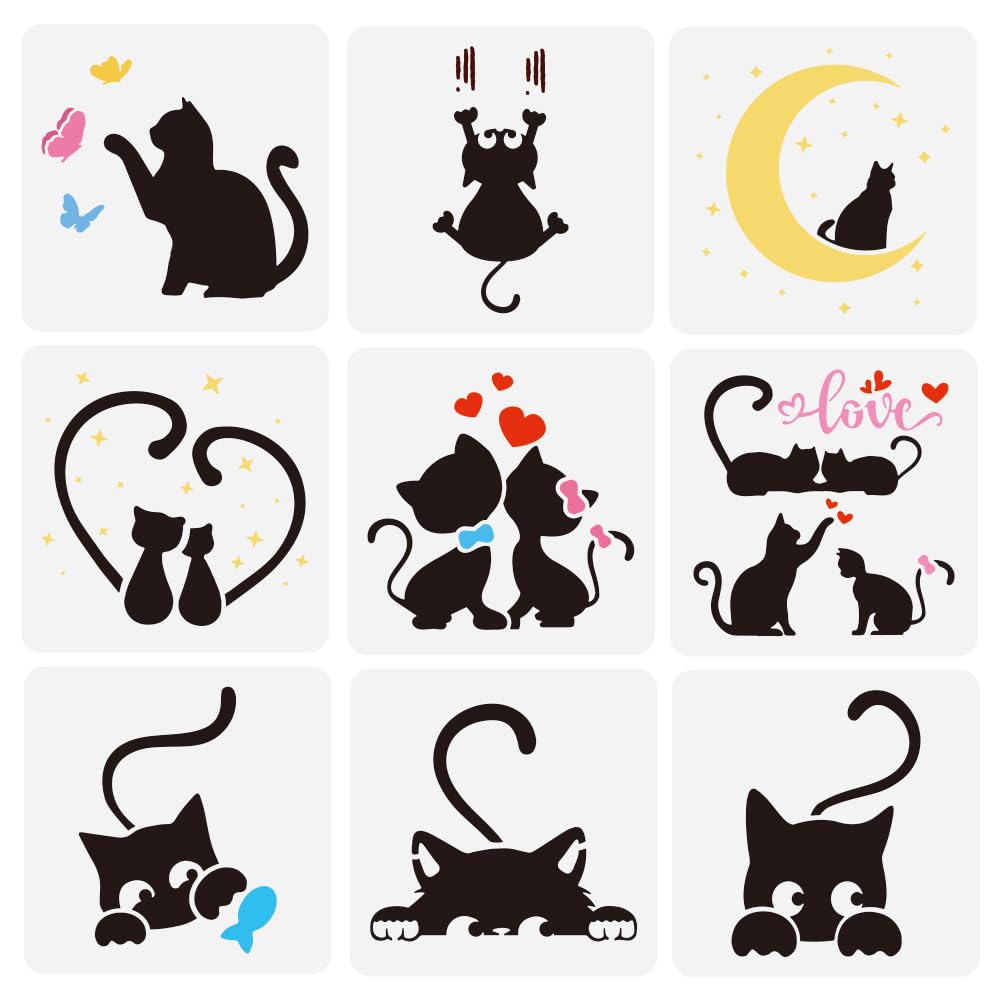 FINFERINSPIRE 9PCS Peeping Cat Stencils for Painting 15x15cm Reusable Cute Cats Drawing Templates Plastic Moon Star Heart Pattern Painting Stencils Butterfly Fish Cat Couple Templates for DIY