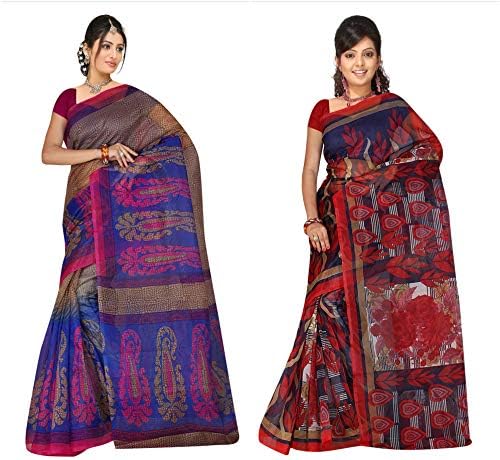 Fabwomen Sarees Floral Print Multi Coloured Net Traditional Casual Wear Women's Sarees Combo.(Pack of 2)