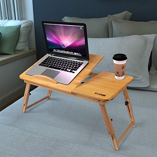 Bamboo Wood Laptop Desk Tray Foldable Breakfast Tray Table Adjustable Computer Bed Tray for Eating Laptops Writing Reading on Bed Sofa Coach with Drawer Tilting Desktop Leg (Upgraded,Thicken)