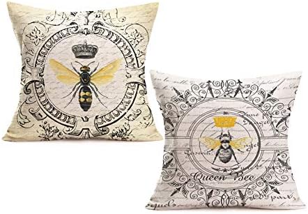 RoyaloursThrow Pillow Cover Cotton Linen Vintage French Queen Bee with Crown Decorative Pillow Case Home Sofa Cushion Cover Square 18x18 Inches Set of 2 Pillowslip (2pc Bee Queen)