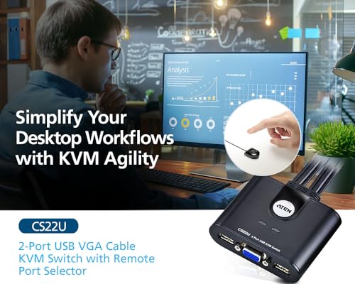 ATEN CS22U 2-Port USB VGA Cable KVM Switch with Remote Port Selector