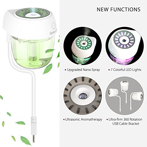 USB Car Diffuser, Homecube Ultrasonic Cool Mist Humidifier Car Air Freshener with 360°Rotation Micro Cable and 7 Color LED Lights for Office Home Vehicle Travel (white)