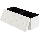 DUMOS 43 Inches Folding Ottoman with Storage Bench, Foot Rest Stool, End of Bed Storage Bench Upholstered, Load 660 lbs, for Living Room, Synthetic Leather, Beige