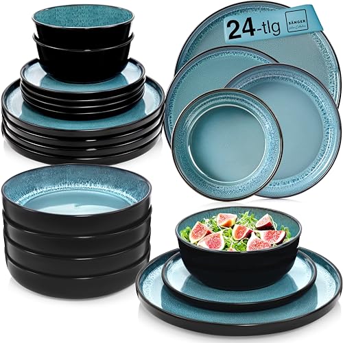 SÄNGER Vigo Steingut Geschirrset 6 Personen, Teller Set 24-tlg Blau