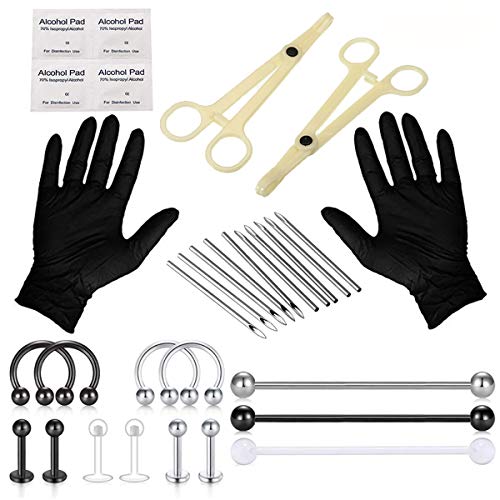 WZPB 43Pcs Professional Piercing Kit Surgical Steel Piercing Jewelry 14G 16G Piercing Needles Disposable Piercing Clamps for Nose Lip Ear Piercing