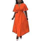 Summer Dresses for Women Semi-Formal Fit Casual Short Ruffle Sleeve V Neck Elegant Swing Split Long Maxi Dresses
