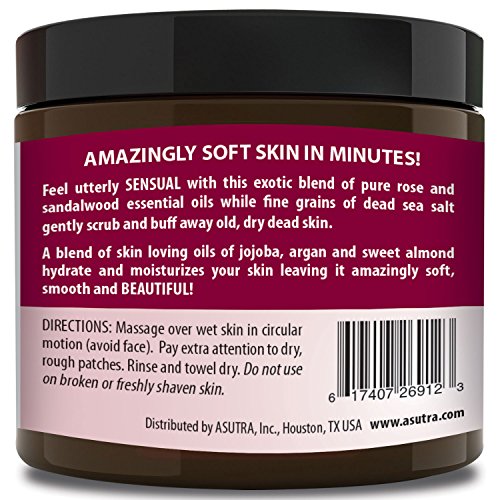 Best ORGANIC Exfoliating Body Scrub - "SENSUAL ROSE" - 100% Pure Dead Sea Salt Scrub / Ultra Hydrating & Moisturizing with SKIN SMOOTHING Jojoba, Sweet Almond & Argan Oils - 12oz...