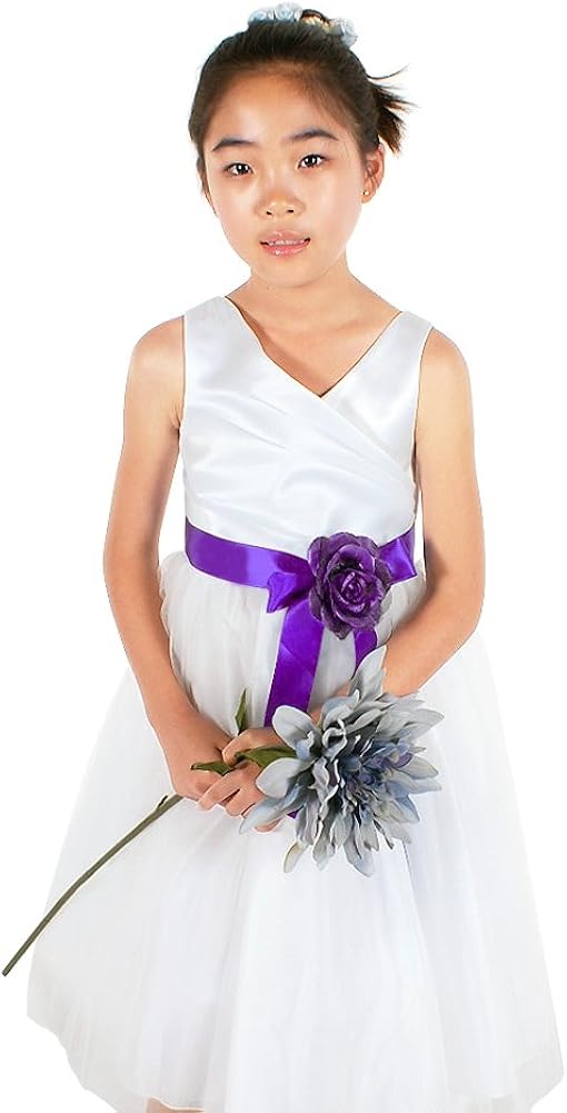 white flower girl dress with purple sash