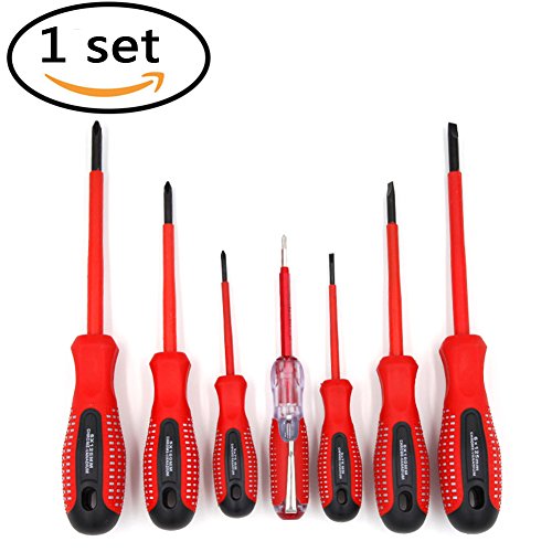 Kuke Manual Multifunction Insulating 7 Pieces Screwdriver Set ,Flat-Head and Phillips-Head Screwdriver Slotted Non-Slip Wide Comfortable Handle Micro-Fine Grip, Heavy Duty, Rust Resistant