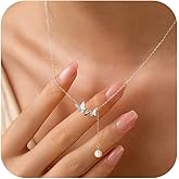 Butterfly Necklace for Women,925 Sterling Silver Cubic Zirconia Butterfly Y Lariat Necklace to Daughter Mother 14K Gold Plated Dainty Pearl Drop Necklace Valentine's Day Birthday Wedding Jewelry Gift