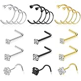 jagosen 21 Pcs Hoop Nose Rings Surgical Steel Nose Rings for Women 20G Nostril Piercing Jewelry Silver Gold Black Nostril Piercings L Shaped Nose Ring Hoop 6mm 8mm 10mm 12mm