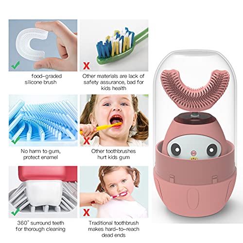 CATLION Kids Electric Toothbrush,Children\'s Ultrasonic Toothbrushes,U Type Sonic Brushes,360 Whitening and Cleaning Teeth,Ipx8 Waterproof,3 Gear Mode,Voice Broadcast,Mouthwash Cup (Pink, 2-7 Year)