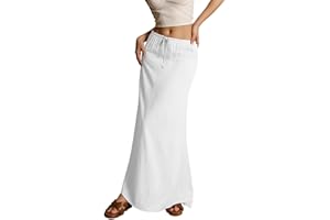 JXQCWY Maxi Skirts for Women Elastic Waist Drawstring Low Waist A Line Skirt Solid Color Flowy Ankle-Length Beach Skirts