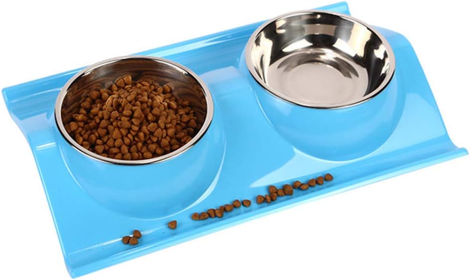 TEESUN Double Dog Bowls Stainless Steel Raised Cat Puppy Food and Water Bowl Dishes for Small Animals Anti-Slip Blue Indoor Home