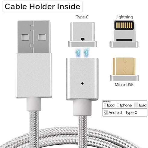 Beyimei Magnetic Phone Charging Cable Type-C Micro USB Lightning 3 in 1 Adapters With 1 Holder Pack for Android iPhone Devices Nylon Braided