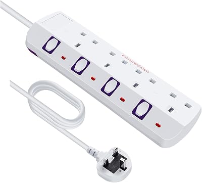 Tech Traders 4 Way Fused Extension Lead Individual Switch Wall Mount 2M 13A UK