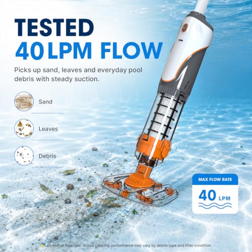 Cordless Pool Spa Vacuum Cleaner Rechargeable Handheld Pool Vacuum | with 60-Min Runtime Dual Filtration 3 Cleaning Heads Telescopic Pole for Sand Leaves Hot Tubs Above Ground & Small Pools