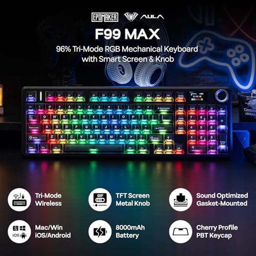 EPOMAKER AULA F99 MAX Wireless Mechanical Keyboard, Screen&Knob, 8000mAh, Creamy Gasket&Lubed Switches, PBT Keycaps, RGB, Mac Keys, Tri-Mode Gaming Keyboard for PC/Mac (Matte Black)