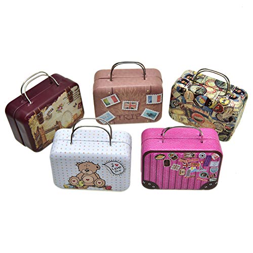 Monrocco 5PCS Mini Small Iron Vintage Cartoon Tin Box Suitcase Handbag Small Rectangular Candy Box Tin Container Jewelry Coin Storage