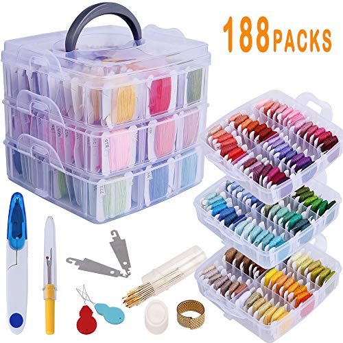 188 Pack Embroidery Floss Set Including 150 Colors Cross Stitch Friendship Bracelets Thread with Floss Bins and 38 Pcs Cross Stitch Tool,3-Tier Transparent Box for Storage - Thumbnail 7