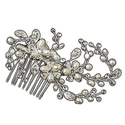 RaeBella Weddings Sparkling Silver Freshwater Pearl & Rhinestone Floral Bridal Hair Comb