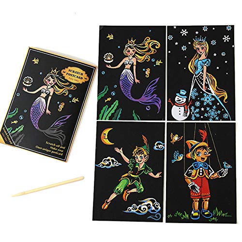 Scratch Art Paper DIY Fairy Tale Characters View Scratchboard, Mini Scratch Off Art Doodle Paper Pads Scratch with Wooden Stylus 4Packs (A)