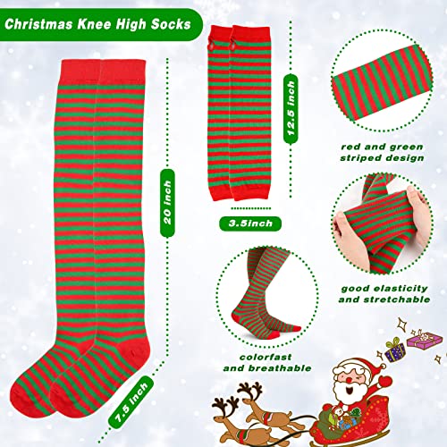 3 otters Christmas Knee High Socks, Red Green Striped Thigh High Stockings and Long Arm Gloves for Elves Party Chrismas Costume Show Cosplay Party