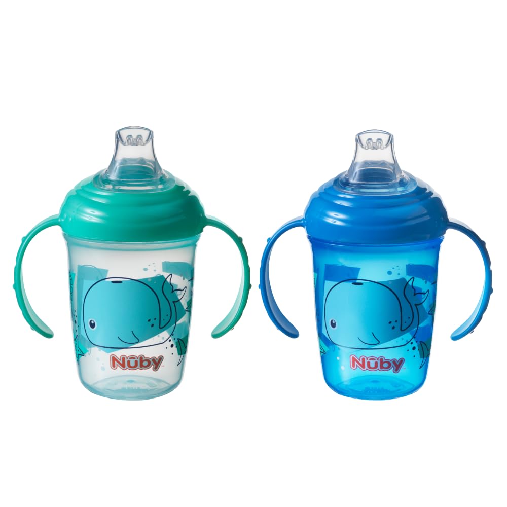 Nuby Grip N Sip Water Bottle - No Spill Sippy Cup | 240ml / 8oz | Twin Handle | Dishwasher and Microwave Safe | Suitable Beaker for 4 Months Plus, Whales, 240 ml (Pack of 2)