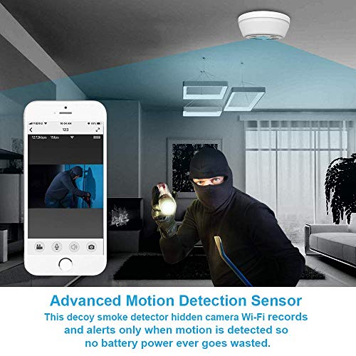 Hidden Camera Smoke Detector WiFi, SDETER Motion Activated Nanny Camera with 180 Days Battery Power, Remote Internet Access,Night Vision, SD Card Slot, Bottom View Covert Camera Lens for Home Security