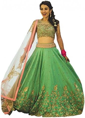 Vraj Enterprise Women Golden Green Free size Embroidery Lehenga Choli for Party and Festival Occasion