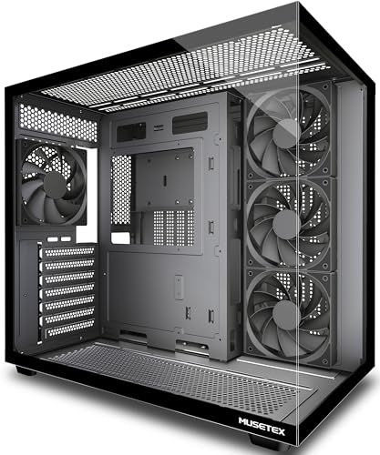 MUSETEX Y6 PC Gehäuse Vorinstallation 4 Nicht-LED-Lüfter, ATX Mid Tower Computer Gehäuse, ATX Gehäuse mit Type-C, 270° Full View Tempered Glass, Schwa