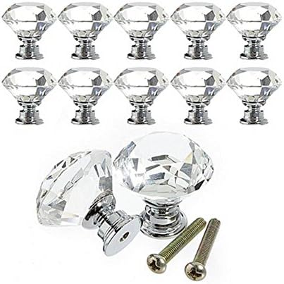 Rommeka 12Pcs Door Knobs Crystal 30mm Diamond Shape for Cupboard/Drawer Dresser Wardrobes Doorknob, Bathroom Cabinets, Shutters Pull Handles with Screws (White-12pcs)