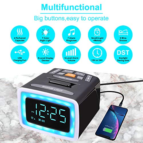 Fragrance Wake-up Alarm Clock for Bedroom, Aromatherapy Essential Oil Capsules,100% Natural Ingredients, 7 Color Night Light & 7 Ringtones, 5-Level Dimmer & Volume, DST, USB Charger, Snooze, 12/24H