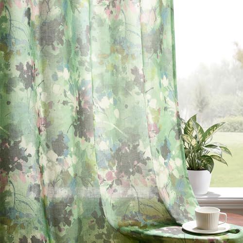 Kotile Green Floral Linen Curtains