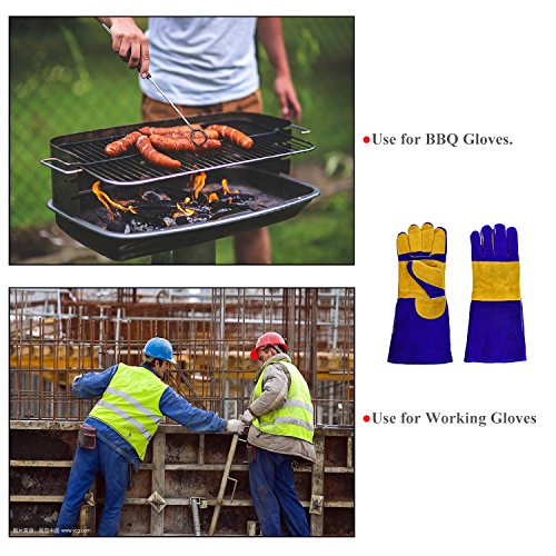 Welding Gloves Lined Leather Extreme Heat Resistant Double Insulation For Mig, Tig Welders, BBQ, Gardening, Camping, Stove, Fireplace and More - 16 in, Blue - Thumbnail 6
