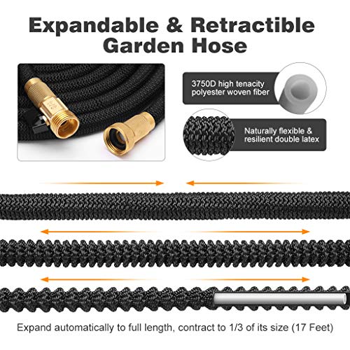 Finether Expandable Garden Hose, Retractible Watering Hose, Hose Pipe with Double Latex Core, High Density Woven Fabric, 3/4 in Brass Fittings, 8 Way Spray Nozzle, Hanger, Storage Bag, Black 50ft