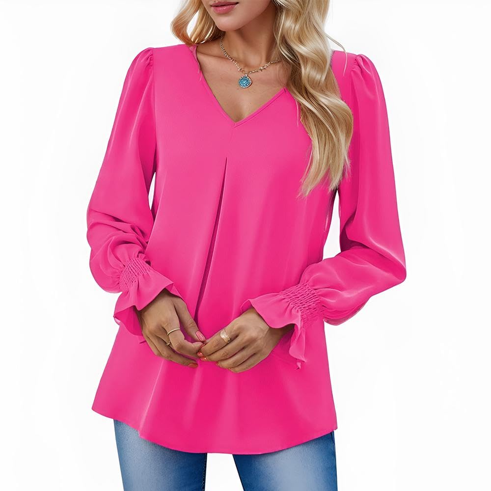 Am Direct Women's Long Sleeve Tops Dressy Casual V Neck Tunic Shirts Loose Chiffon Work Blouse Red
