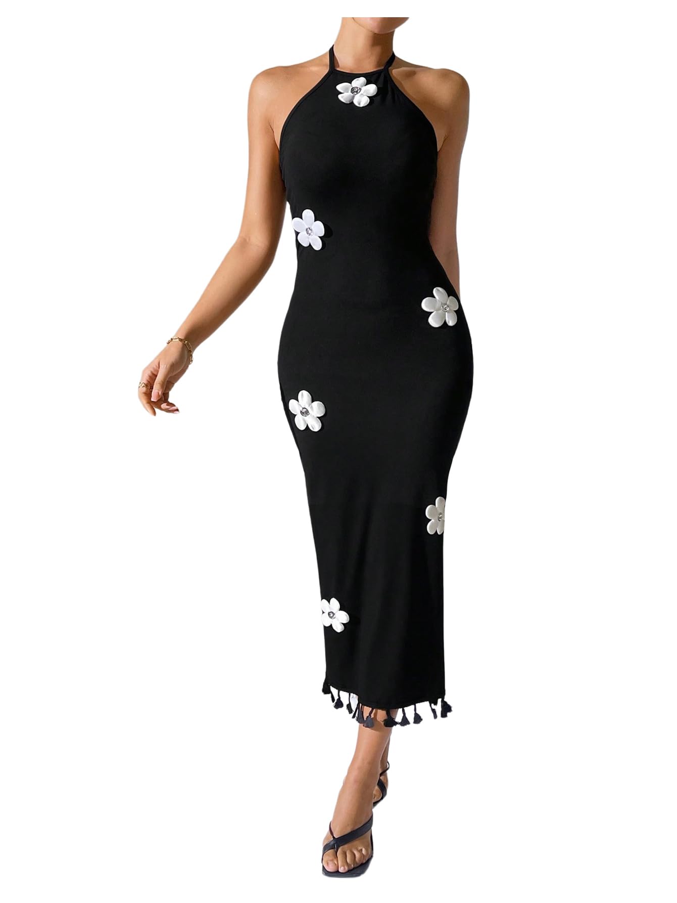 Photo 1 of (MEDIUM) (BAGGED) SOLY HUX Women's Sleeveless 3D Floral Bodycon Halter Long Dress Fringe Trim Sleeveless Vacation Party Dresses Black Flowers Medium