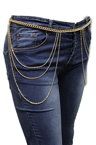 TFJ Women Fashion Belt Hip Waist Gold Metal Chains Side Long Waves Hips S M L