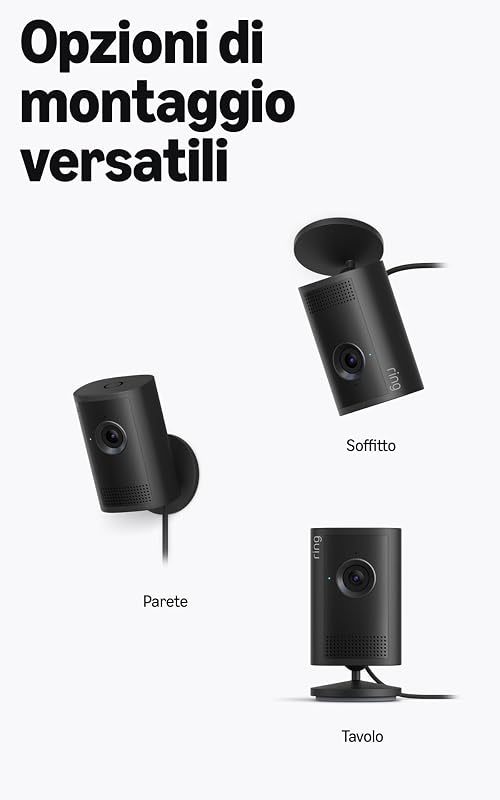 videocamera interna Plus (Indoor Camera Plus, ultimo modello), Videocamera plug-in, Retinal 2K, zoom 4x, copriobiettivo manuale, Prova gratuita di 30 giorni del piano d'abbonamento Ring