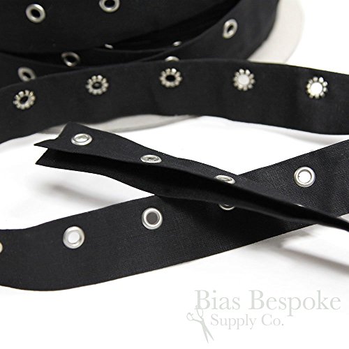 100% Cotton Eyelet Tape, Black with Silver Eyelets, Made in Italy, Sold by The Yard