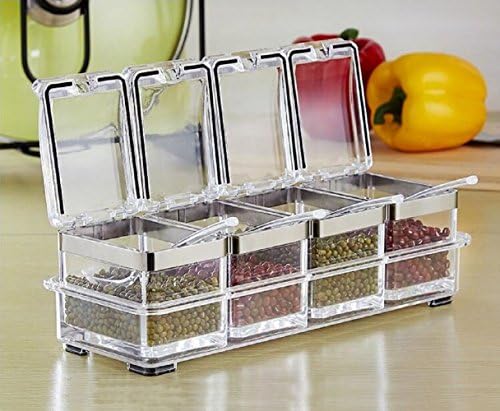 Seasoning Box 4 Piece Separable Stainless Steel Ring Acrylic Seasoning Box-Premium Quality Acrylic Container And 4 Serving Spoons-Non-slip Rubber Premium Quality Seasoning Organizer Spice Jar Set