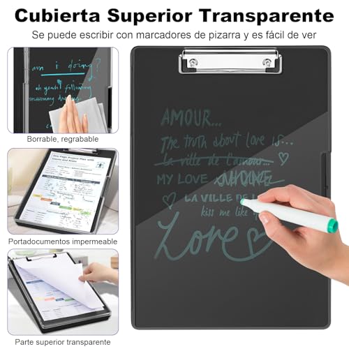 HONGHCL Portapapeles con Almacenamiento Grand - Portapapeles con Doble Compartimentos, Tabla Portapapeles con Paneles Transparentes, Tabla Escribir (Negro)