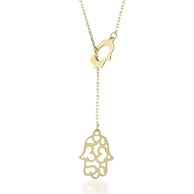 Damen Halskette aus 14 Karat - 585 Echt Gelbgold Kette mit Anhänger als hängenden Hamsa Hand der Fatima, Geschenk für Geburts
