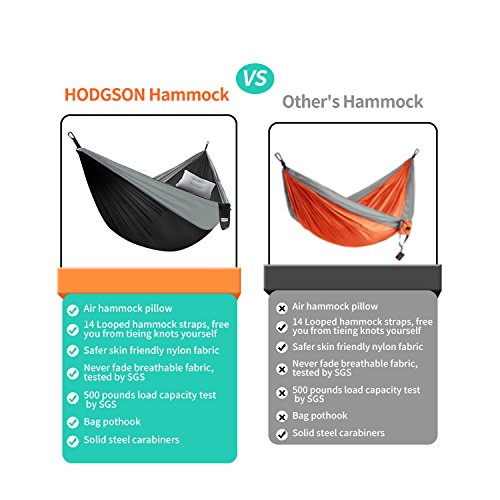 HODGSON Camping Hammock Single & Double Hammock with Heavy Duty 14 Loops Hammock Tree Straps & Air Pillow, Portable Parachute Nylon Hammock for Backpacking, Travel, 118â€ x 78â€ (Black/Gray)