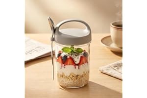Wide Mouth Glass Breakfast Cup with Spoon, Portable Glass Jar for Oatmeal, Yogurt, Cereal, Airtight Overnight Oats Container 