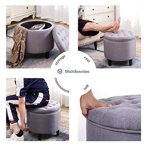 YAMASORO Fabric Cushion Button Lift Top Storage Footstool, Height 18 Inches Strudy Round Ottomans & Storage Ottomans, Gray