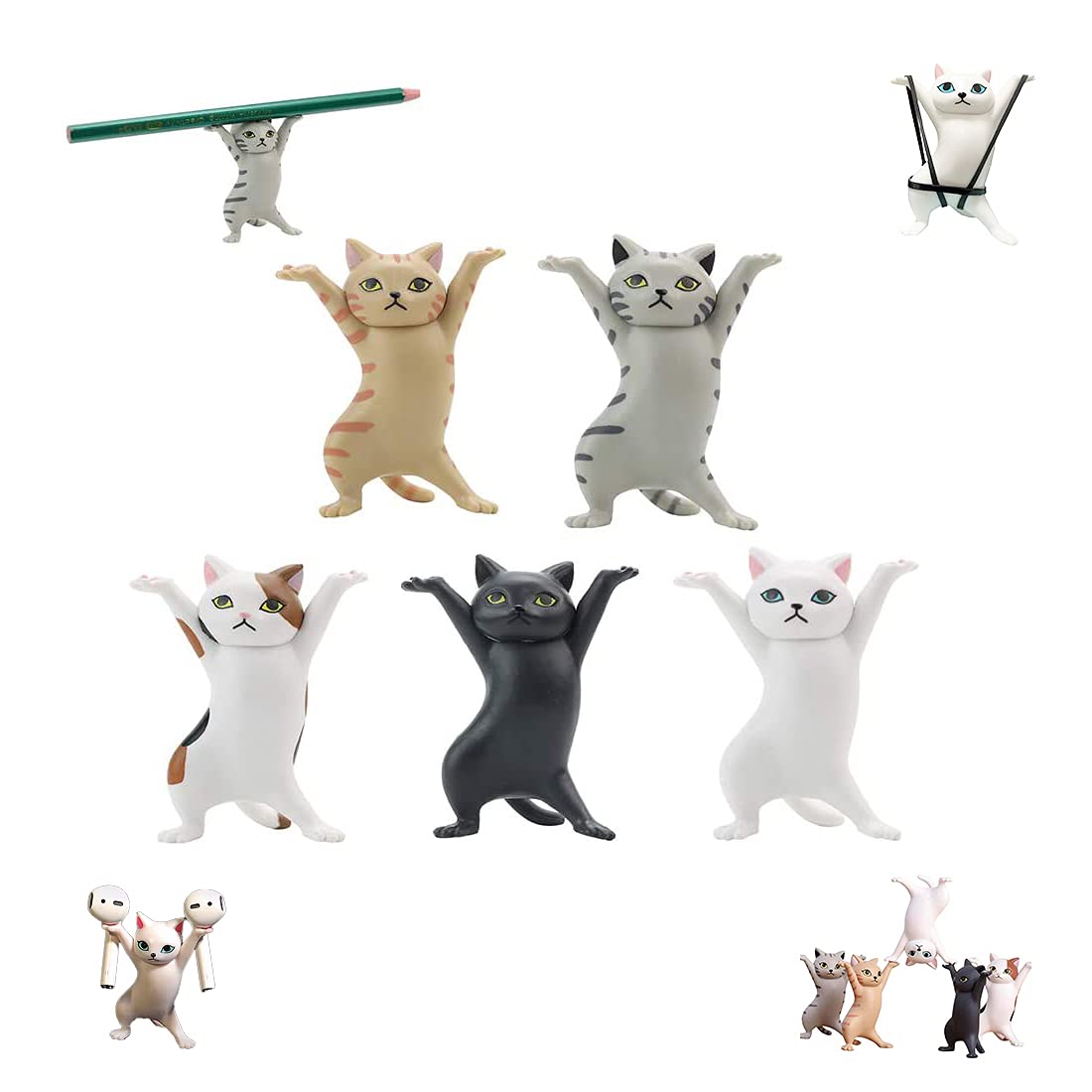 5-PCS Funny Cat Pen Holder Dance Cat Figure Cat Headphone Cat Stand Without Coffin Toy Gift for Kids for Home Office Décor