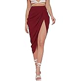 WDIRARA Women's Skirts Split Thigh Front Satin Skirt High Waist Ruched Zip Back WrapMidi Skirt