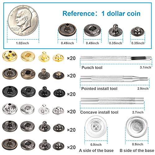 120SETS Leather Snap Fasteners Kit, 0.49 Inch Diameter Metal Button